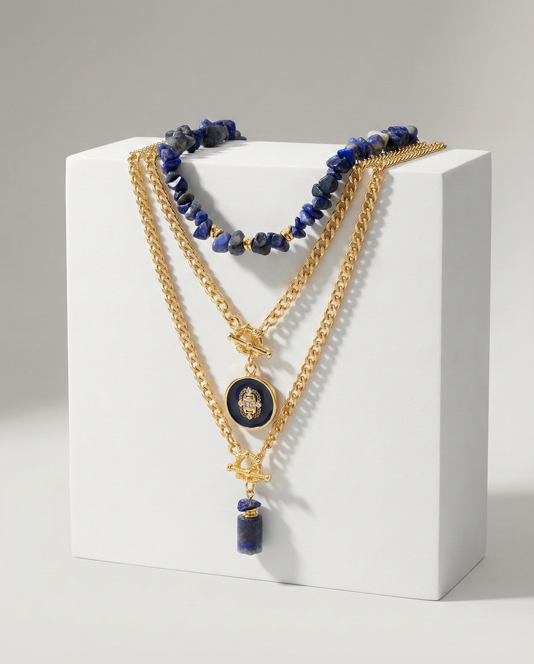 Layered Gold Chain Necklace with Natural Lapis Stone