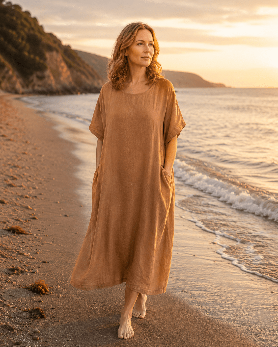 Shirred Pocket Linen Loose Dress