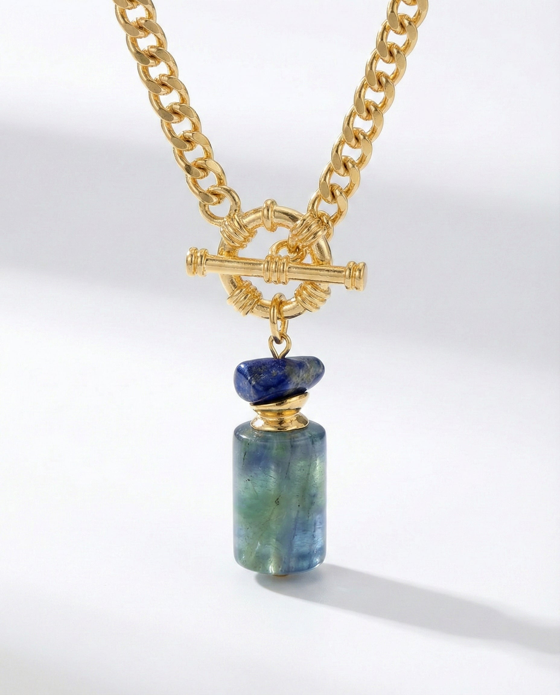 Layered Gold Chain Necklace with Natural Lapis Stone