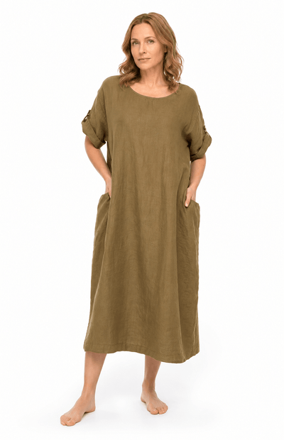 Shirred Pocket Linen Loose Dress