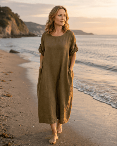 Shirred Pocket Linen Loose Dress Plain Green