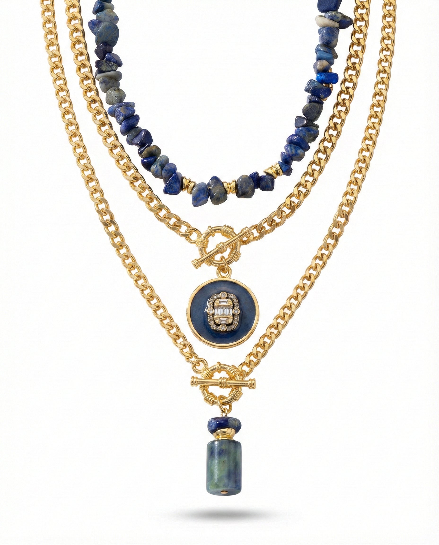 Layered Gold Chain Necklace with Natural Lapis Stone