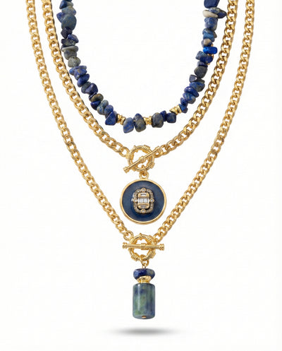 Layered Gold Chain Necklace with Natural Lapis Stone