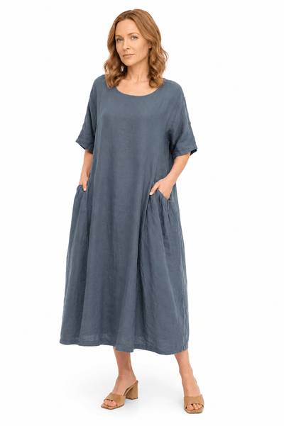Shirred Pocket Linen Loose Dress