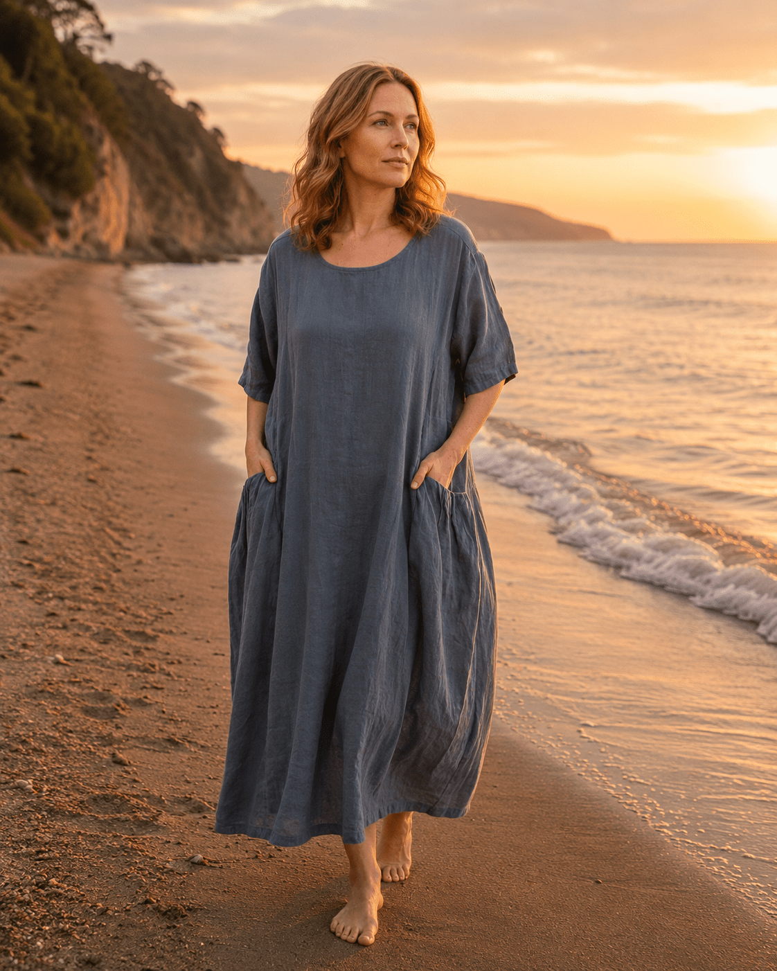 Shirred Pocket Linen Loose Dress