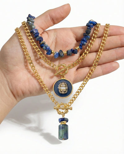 Layered Gold Chain Necklace with Natural Lapis Stone