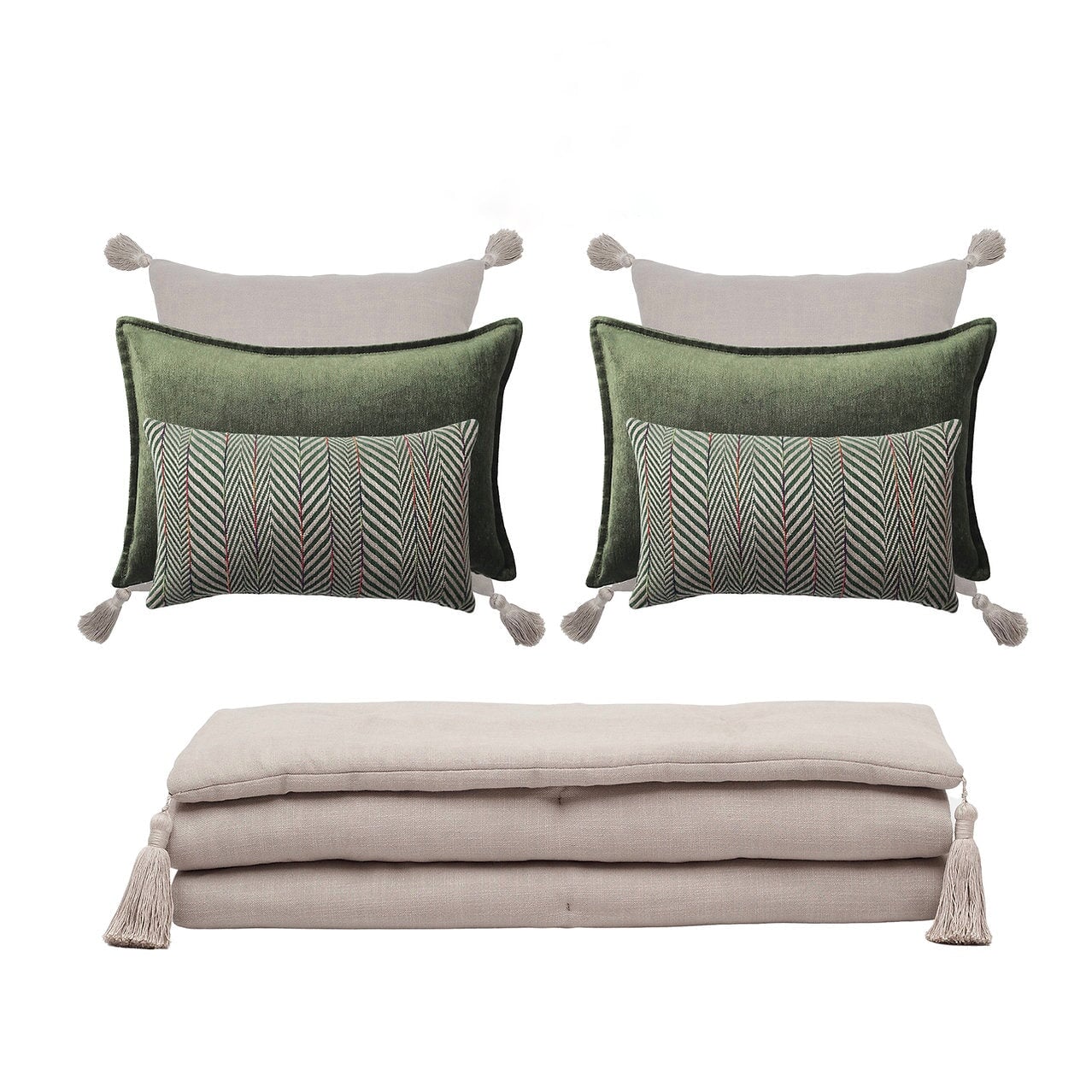 Bed Runner and 6 Pieces Green and Beige Pillow Set