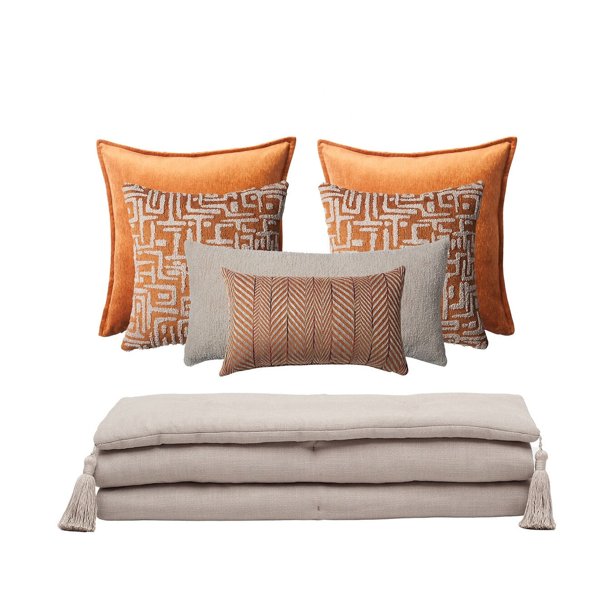 Bed Runner and 6 Pieces Orange and Beige Pillow Set