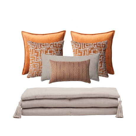 Bed Runner and 6 Pieces Orange and Beige Pillow Set