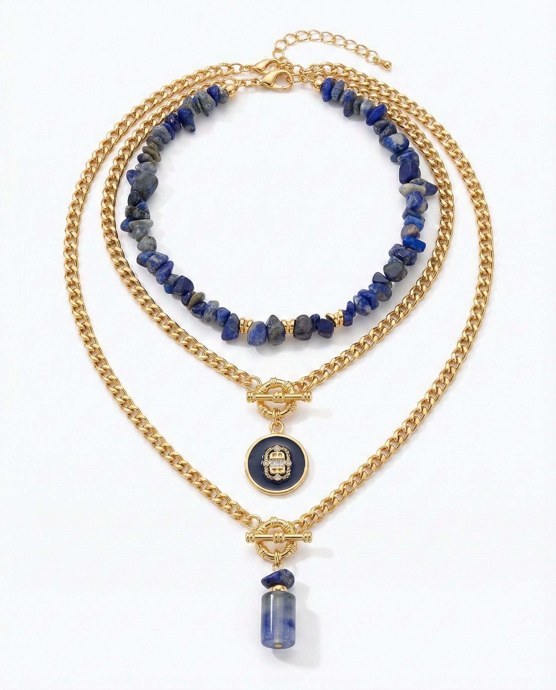 Layered Gold Chain Necklace with Natural Lapis Stone