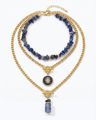 Layered Gold Chain Necklace with Natural Lapis Stone
