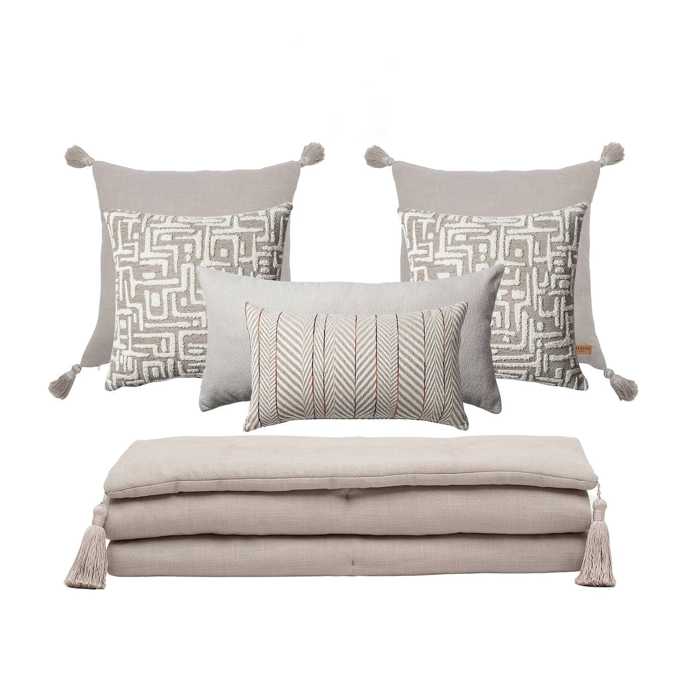 Bed Runner and 6 Pieces White and Beige Pillow Set