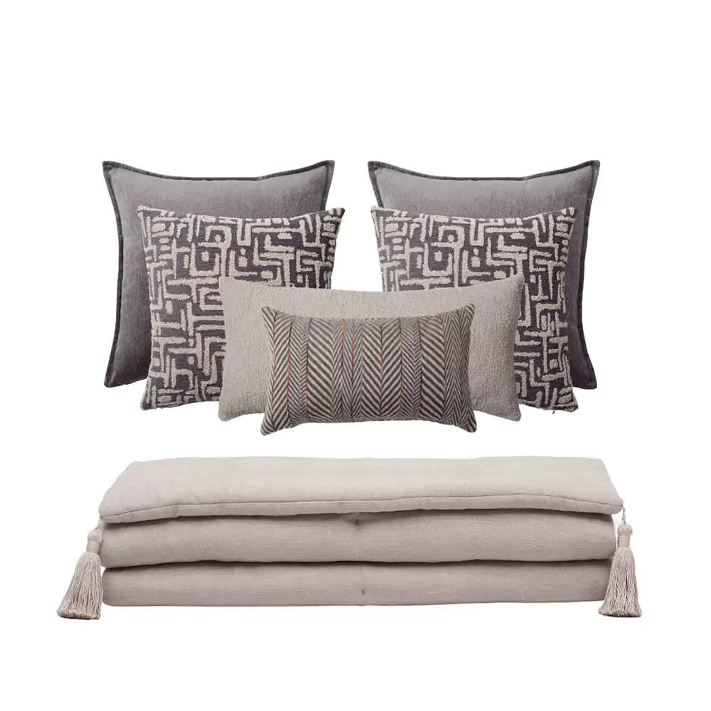 Bed Runner and 6 Pieces Antrasit and Beige Pillow Set