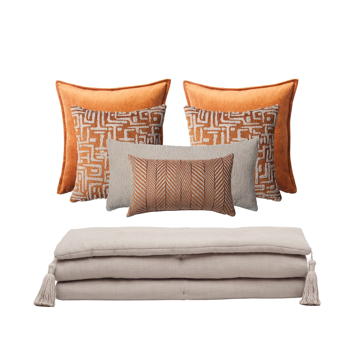 Bed Runner and 6 Pieces Orange and Beige Pillow Set